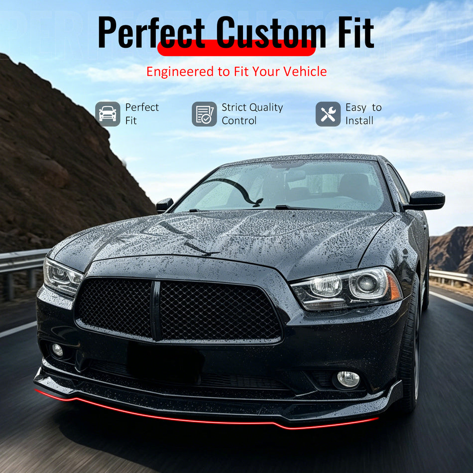 IKON MOTORSPORTS Front Bumper Lip, Compatible with 2012-2014 Dodge Charger SRT8 Only, IKON Style Carbon Fiber Print PP Polypropylene Add-on Air Dam Chin Spoiler Protector Splitter 3PCS