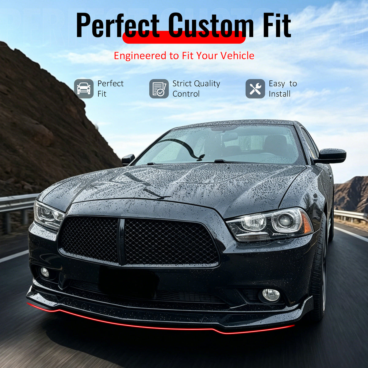 IKON MOTORSPORTS Front Bumper Lip, Compatible with 2012-2014 Dodge Charger SRT8 Only, IKON Style Gloss Black PP Polypropylene Add-on Air Dam Chin Spoiler Protector Splitter 3PCS