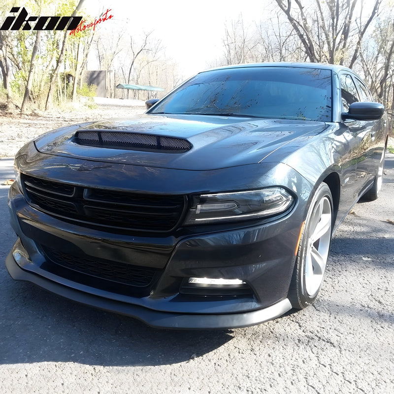 IKON MOTORSPORTS Front Bumper Lip, Compatible with 2015-2023 Dodge Charger Base and SXT, IKON Style Unpainted Black PU Polyurethane Air Dam Chin Spoiler Protector Splitter 1Piece
