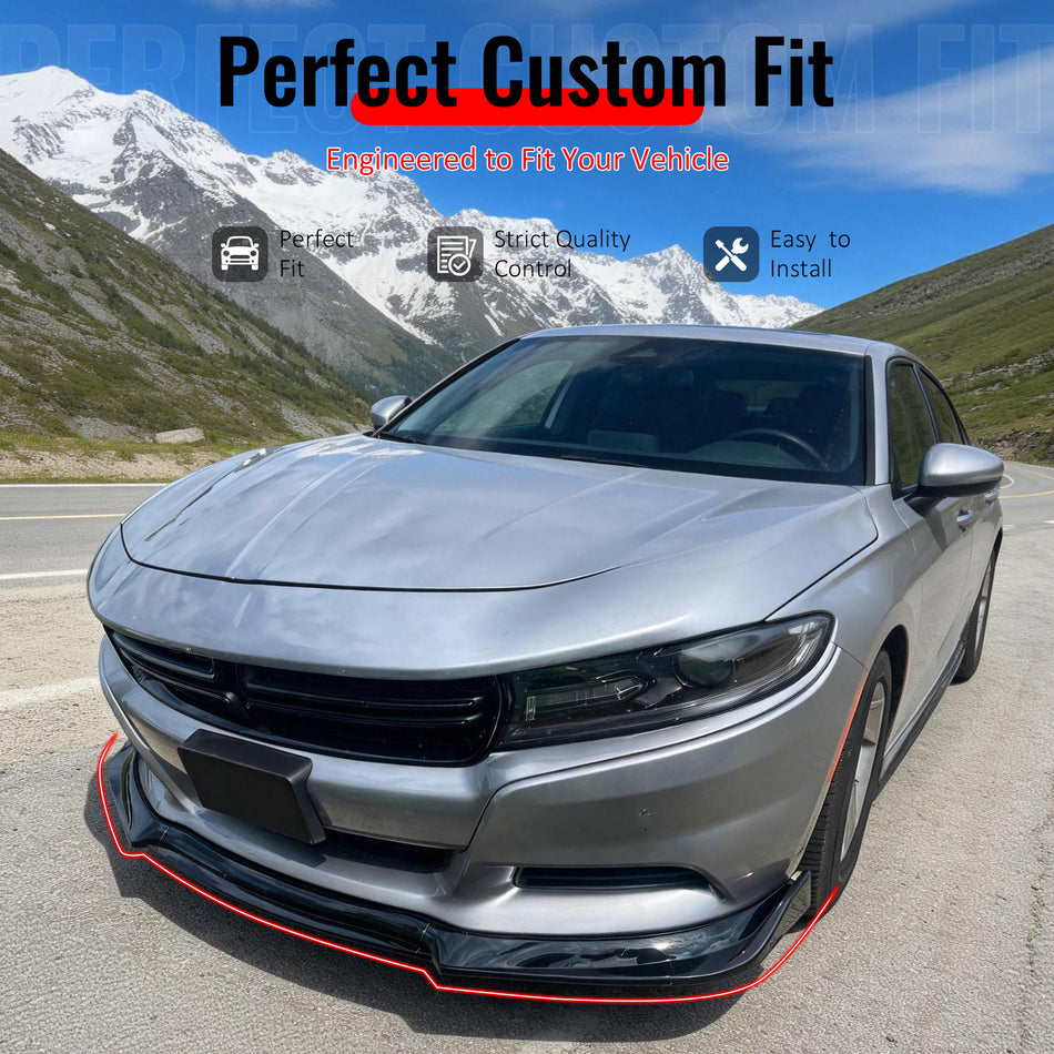 IKON MOTORSPORTS Front Bumper Lip, Compatible with 2015-2023 Dodge Charger SXT IKON V2 Style Carbon Fiber Print PP Polypropylene Add-on Air Dam Chin Spoiler Protector Splitter 3PCS