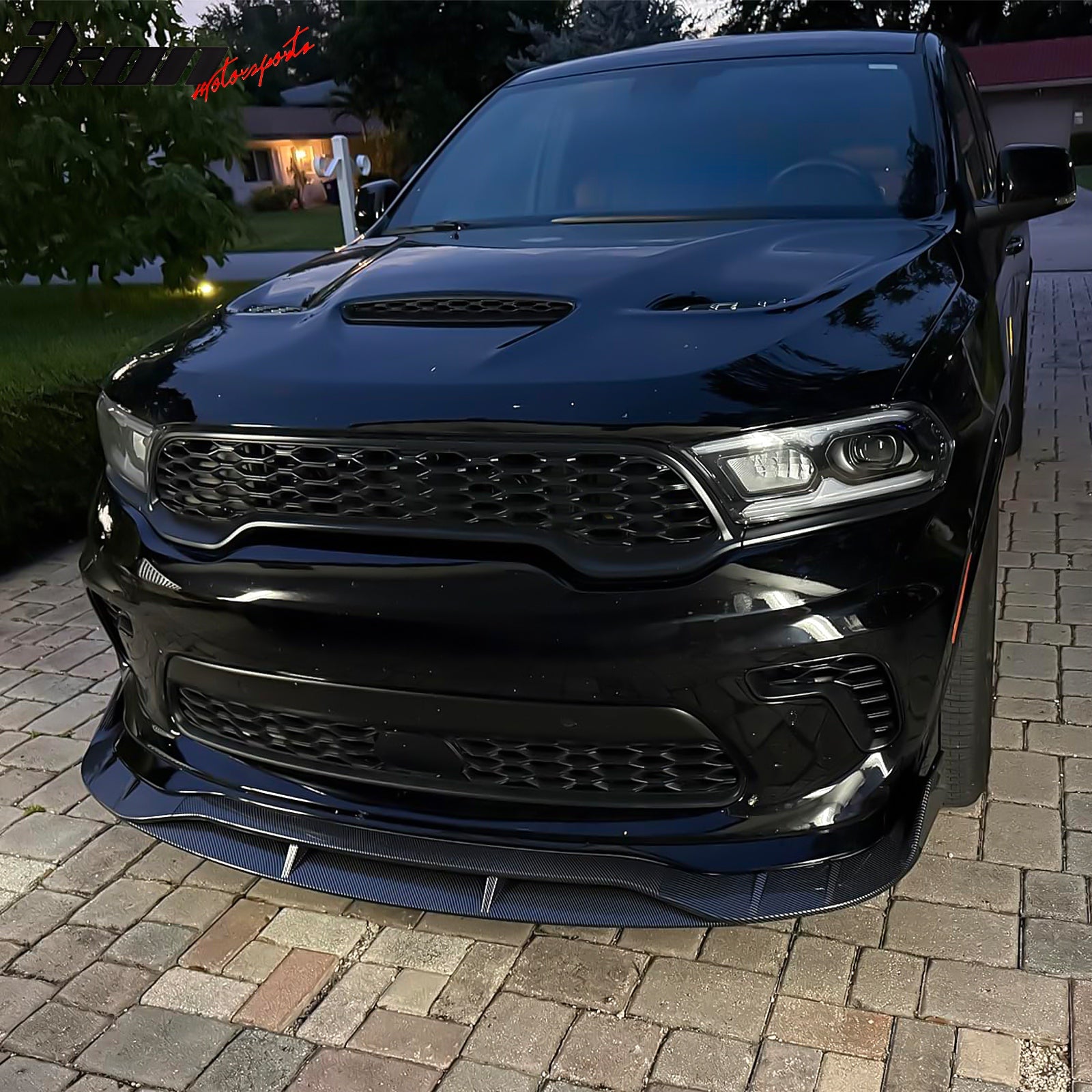 IKON MOTORSPORTS Front Bumper Lip, Compatible with 2021-2026 Dodge Durango SRT Hellcat, IKON Style Carbon Fiber Print ABS Plastic Air Dam Chin Spoiler Protector Splitter 4PC