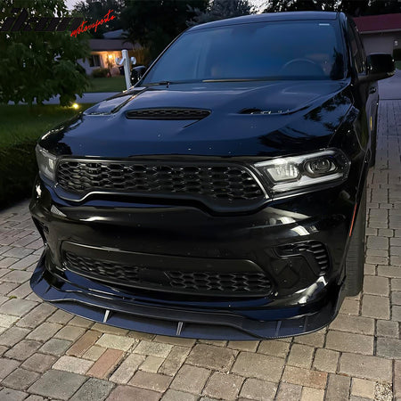IKON MOTORSPORTS Front Bumper Lip, Compatible with 2021-2026 Dodge Durango SRT Hellcat, IKON Style Carbon Fiber Print ABS Plastic Air Dam Chin Spoiler Protector Splitter 4PC