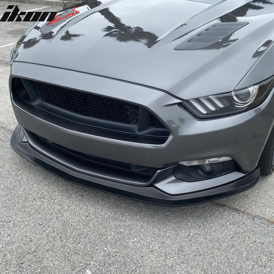 IKON MOTORSPORTS Front Bumper Lip, Compatible with 2015-2017 Ford Mustang, MDA Style Unpainted Black PU Polyurethane Air Dam Chin Spoiler Protector Splitter