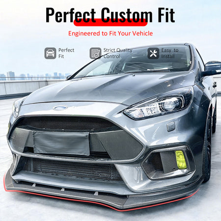 IKON MOTORSPORTS Front Bumper Lip Splitters, Compatible with 2016-2018 Ford Focus RS, IKON Style Carbon Fiber Print ABS Plastic Air Dam Chin Spoiler Protector Splitter 3PCS