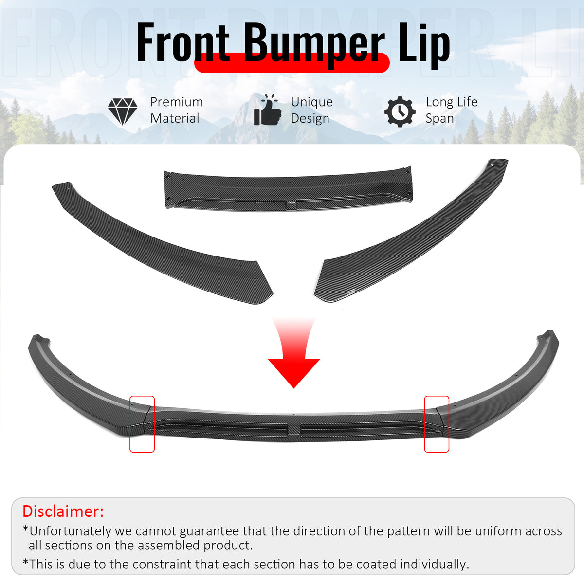 Fits 15-18 Ford Focus IKON Style Front Bumper Lip Carbon Fiber Print PP 3PCS Set