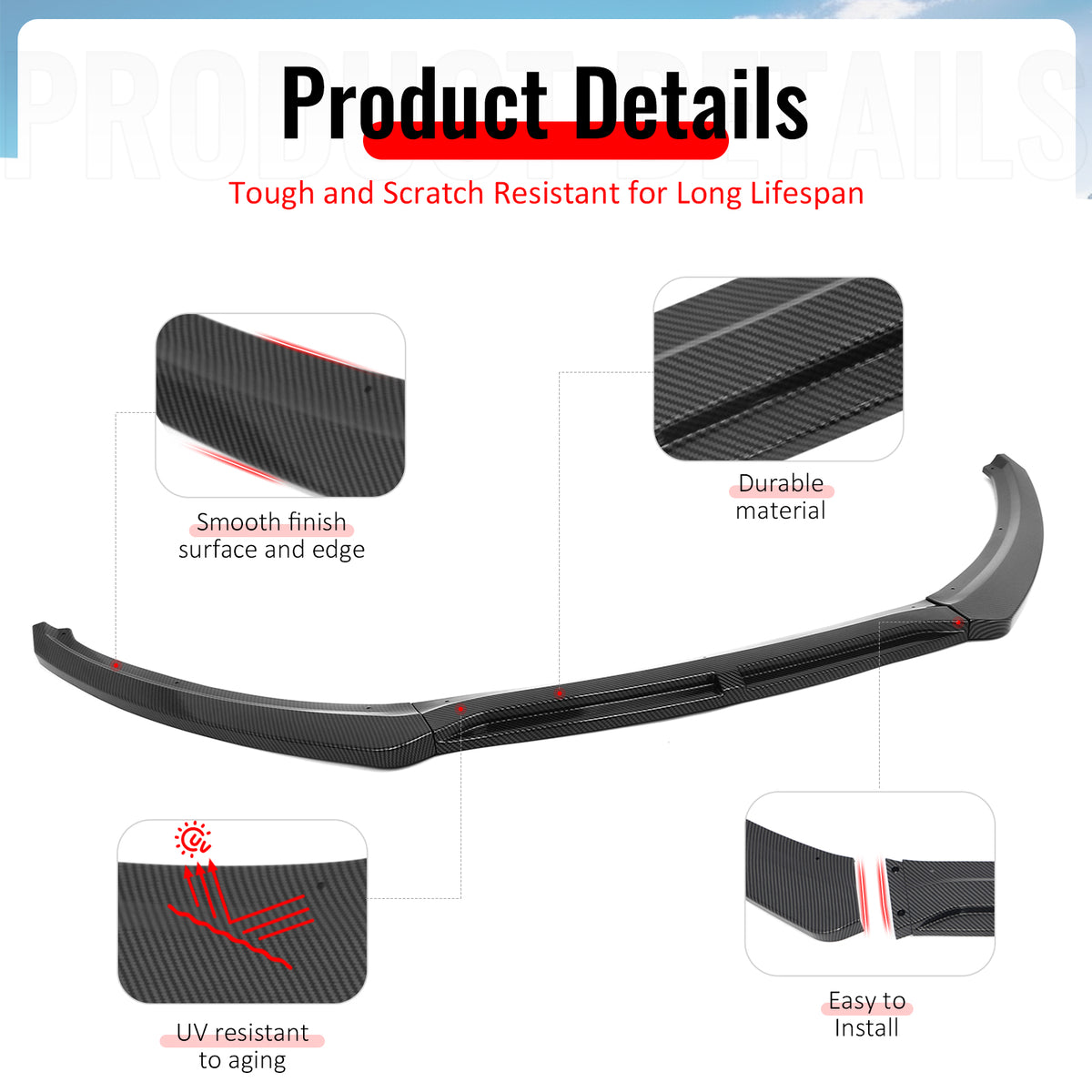 Fits 15-18 Ford Focus IKON Style Front Bumper Lip Carbon Fiber Print PP 3PCS Set