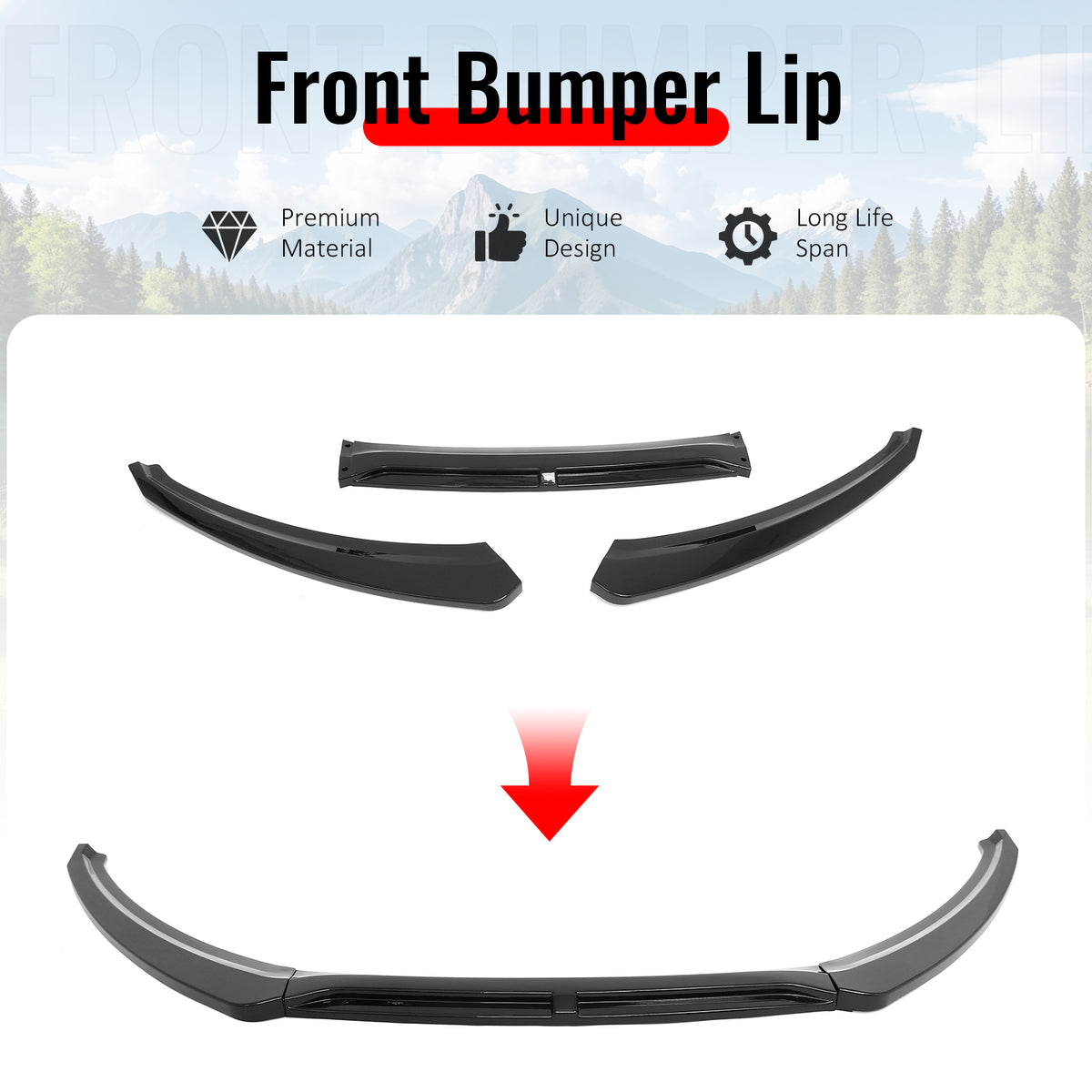 Fits 15-18 Ford Focus IKON Style Front Bumper Lip Spoiler Gloss Black PP 3PCS