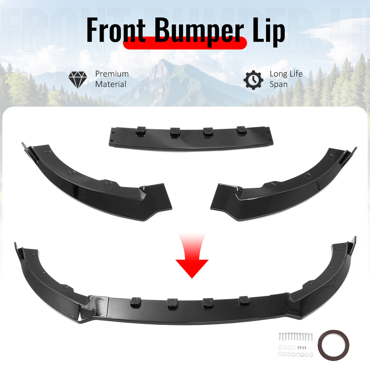 Fits 13-14 Ford Mustang V6 GT IKON Style Front Bumper Lip Gloss Black ABS 3PCS