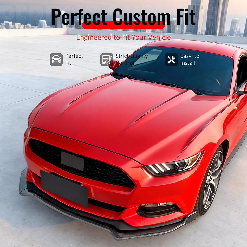 IKON MOTORSPORTS Front Bumper Lip Splitters, Compatible with 2015-2017 Ford Mustang V6 & Ecoboost & GT, IKON V2 Style Carbon Fiber Print ABS Plastic Air Dam Chin Spoiler Protector Splitter 3PCS