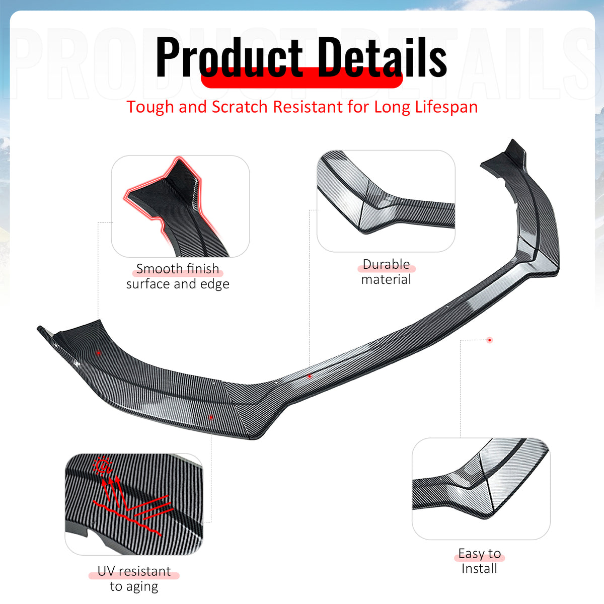 Fits 15-17 Ford Mustang Ecoboost/GT/V6 Front Bumper Lip Carbon Fiber Print 3PCS