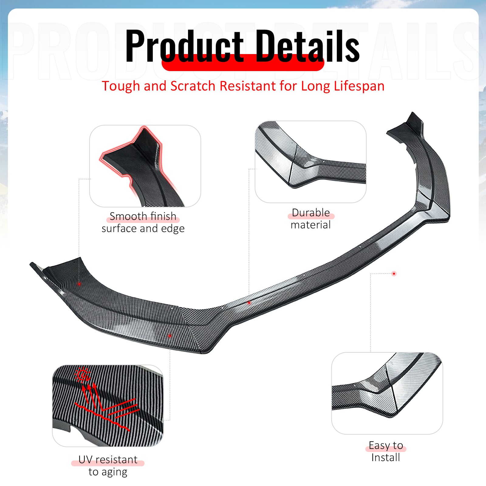 Fits 15-17 Ford Mustang Ecoboost/GT/V6 Front Bumper Lip Carbon Fiber Print 3PCS