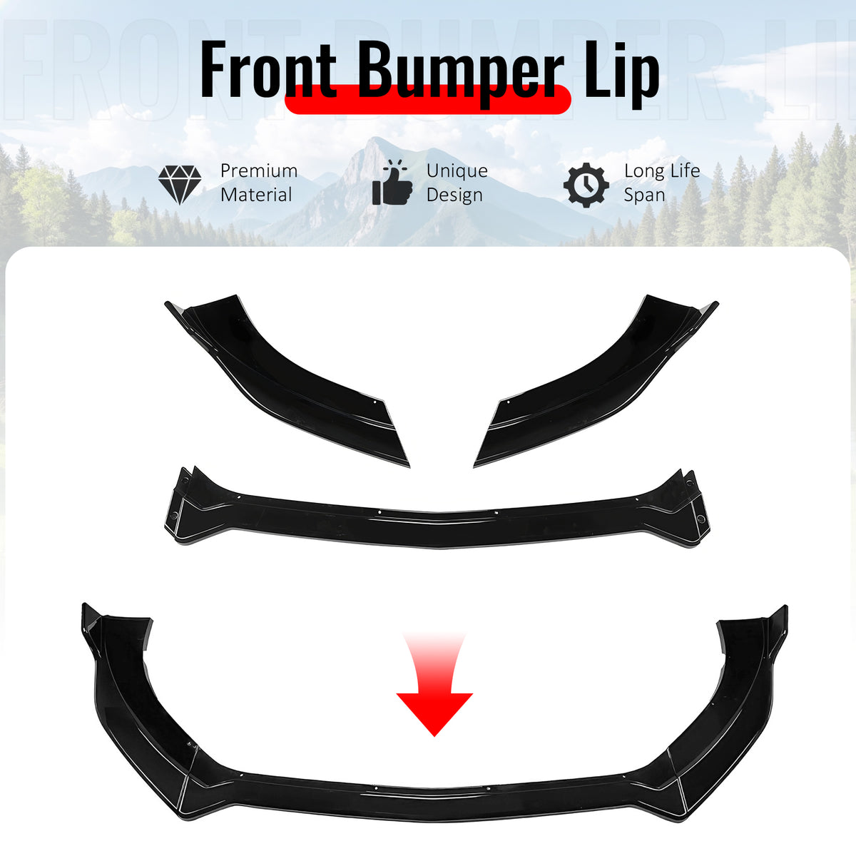 Fits 15-17 Ford Mustang Ecoboost/GT/V6 IKON V2 Front Bumper Lip Gloss Black 3PCS