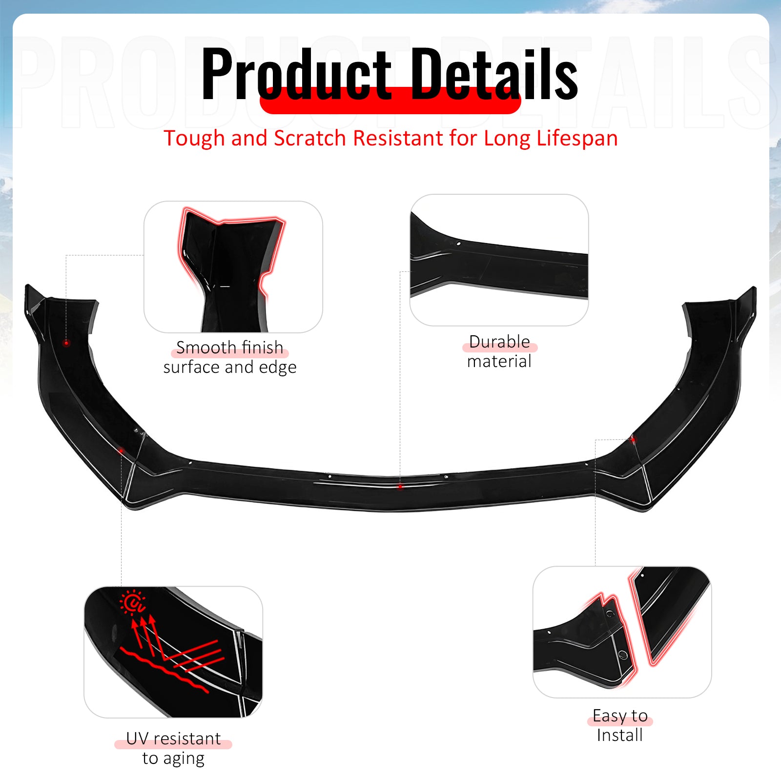 Fits 15-17 Ford Mustang Ecoboost/GT/V6 IKON V2 Front Bumper Lip Gloss Black 3PCS