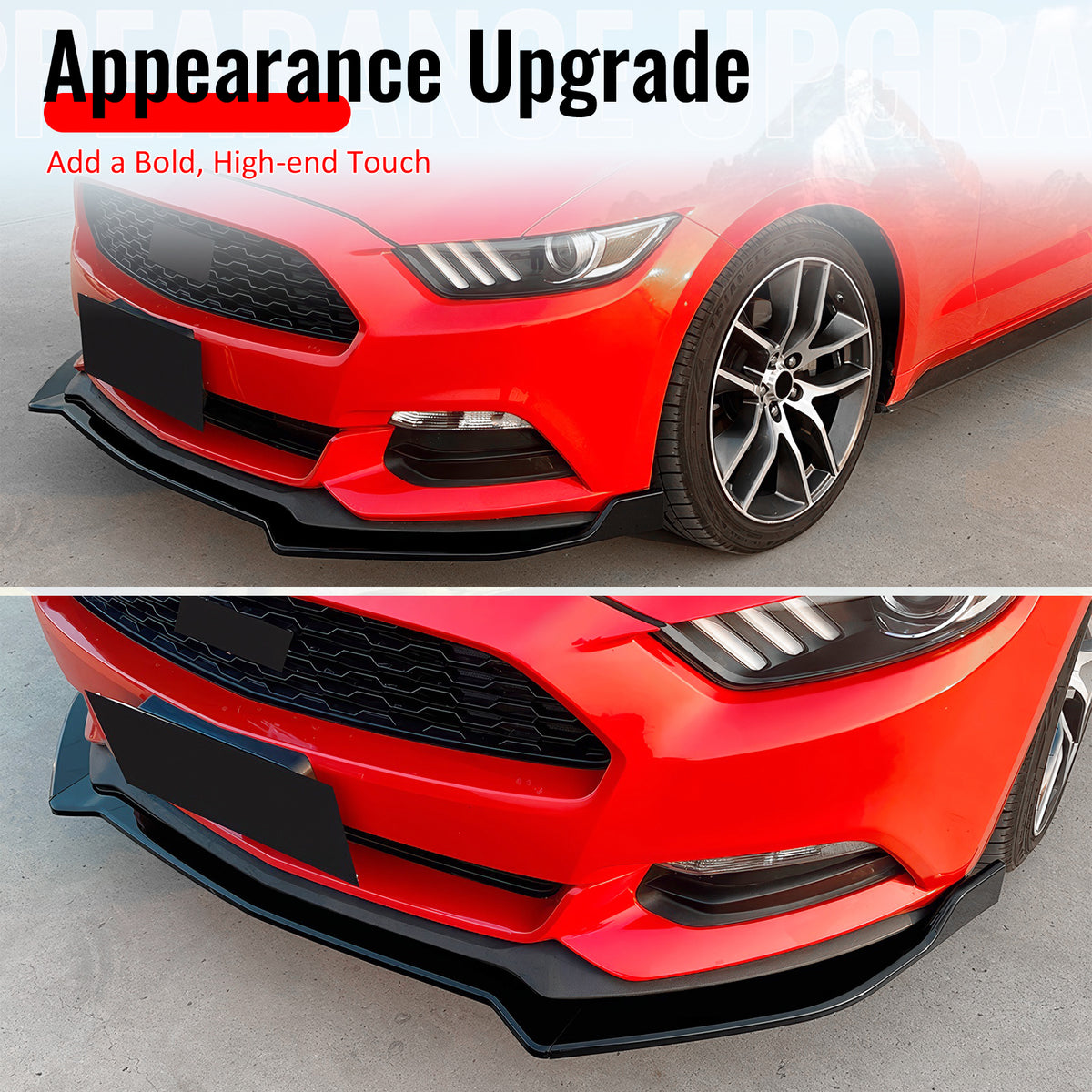 Fits 15-17 Ford Mustang Ecoboost/GT/V6 IKON V2 Front Bumper Lip Gloss Black 3PCS