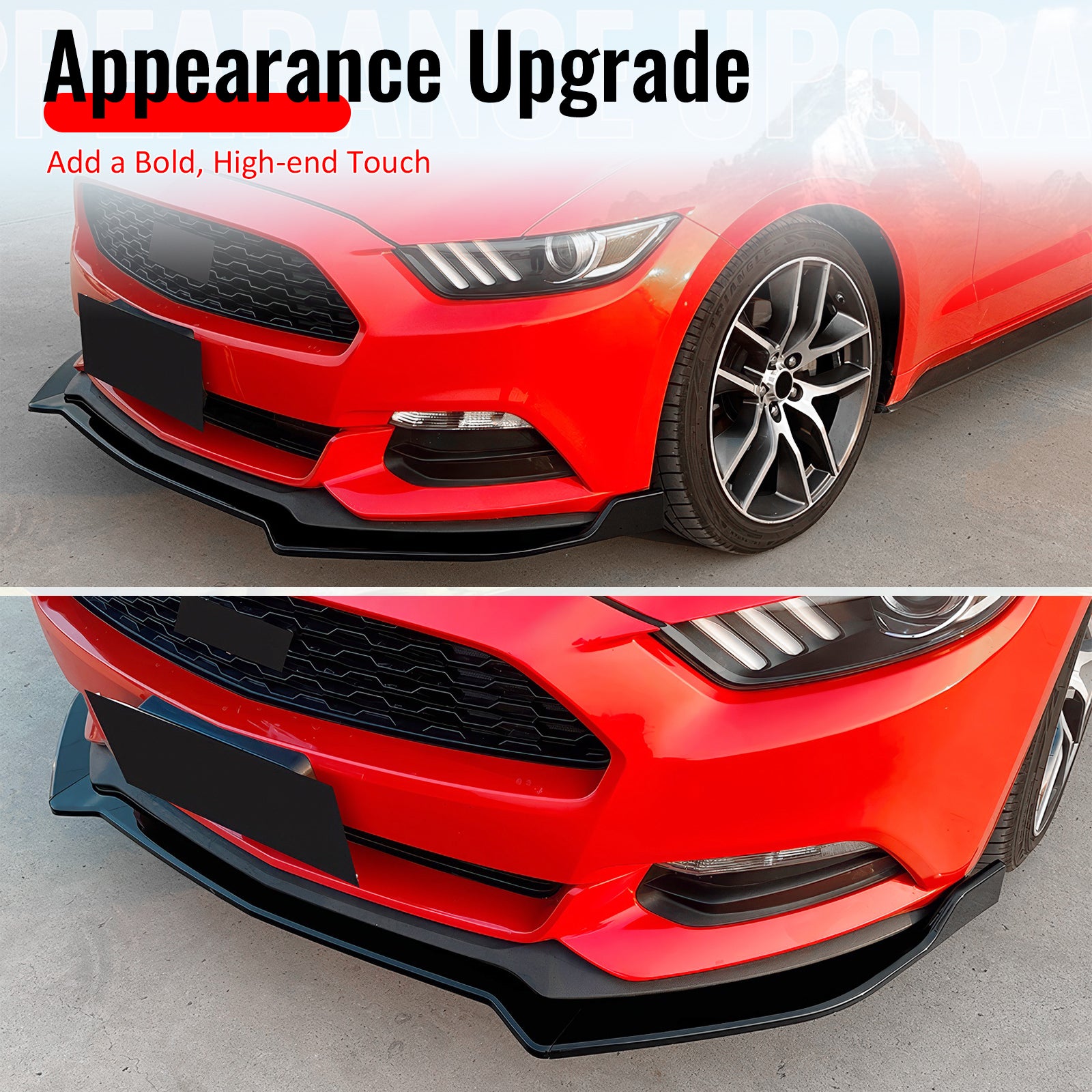 Fits 15-17 Ford Mustang Ecoboost/GT/V6 IKON V2 Front Bumper Lip Gloss Black 3PCS