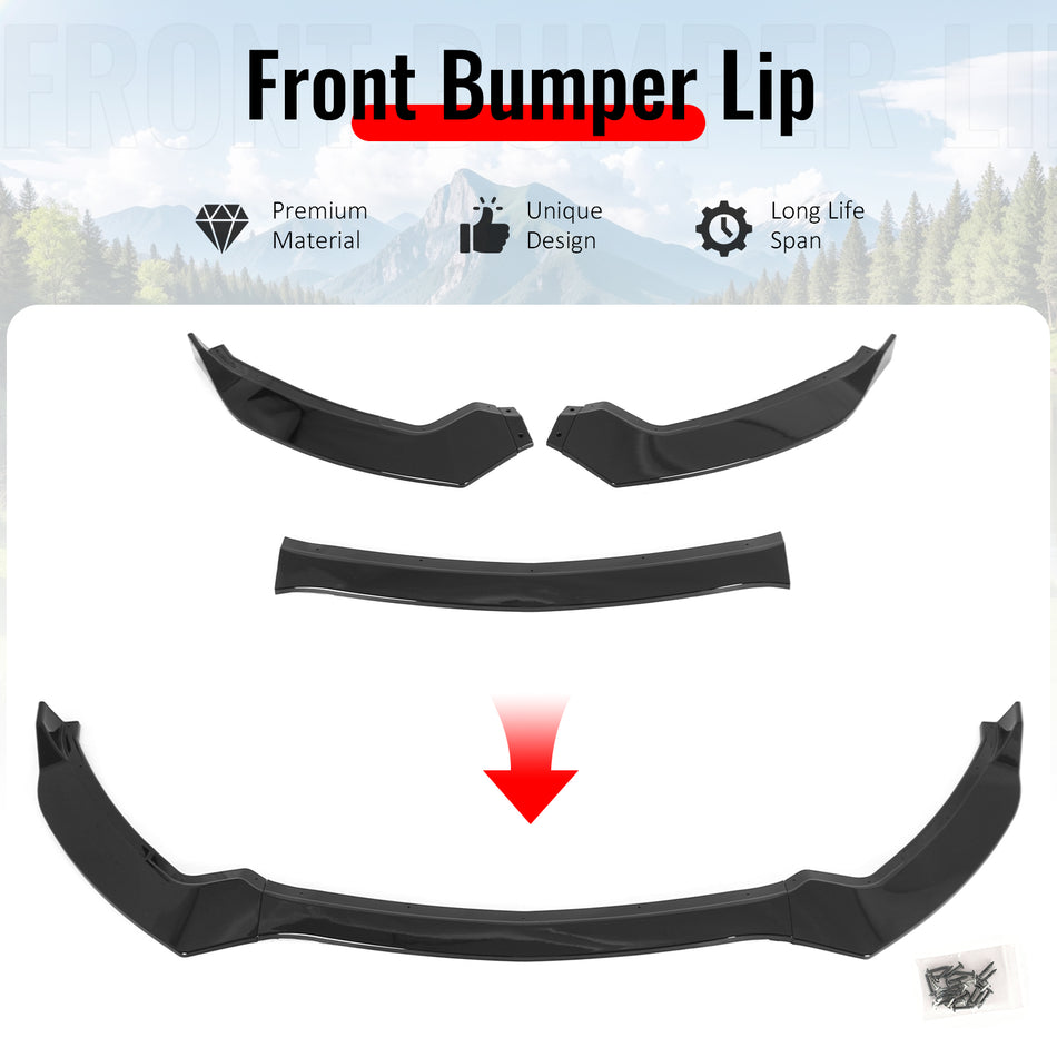 Fits 15-17 Ford Mustang V6/Ecoboost/GT Front Bumper Lip Chin PP Gloss Black 3PCS
