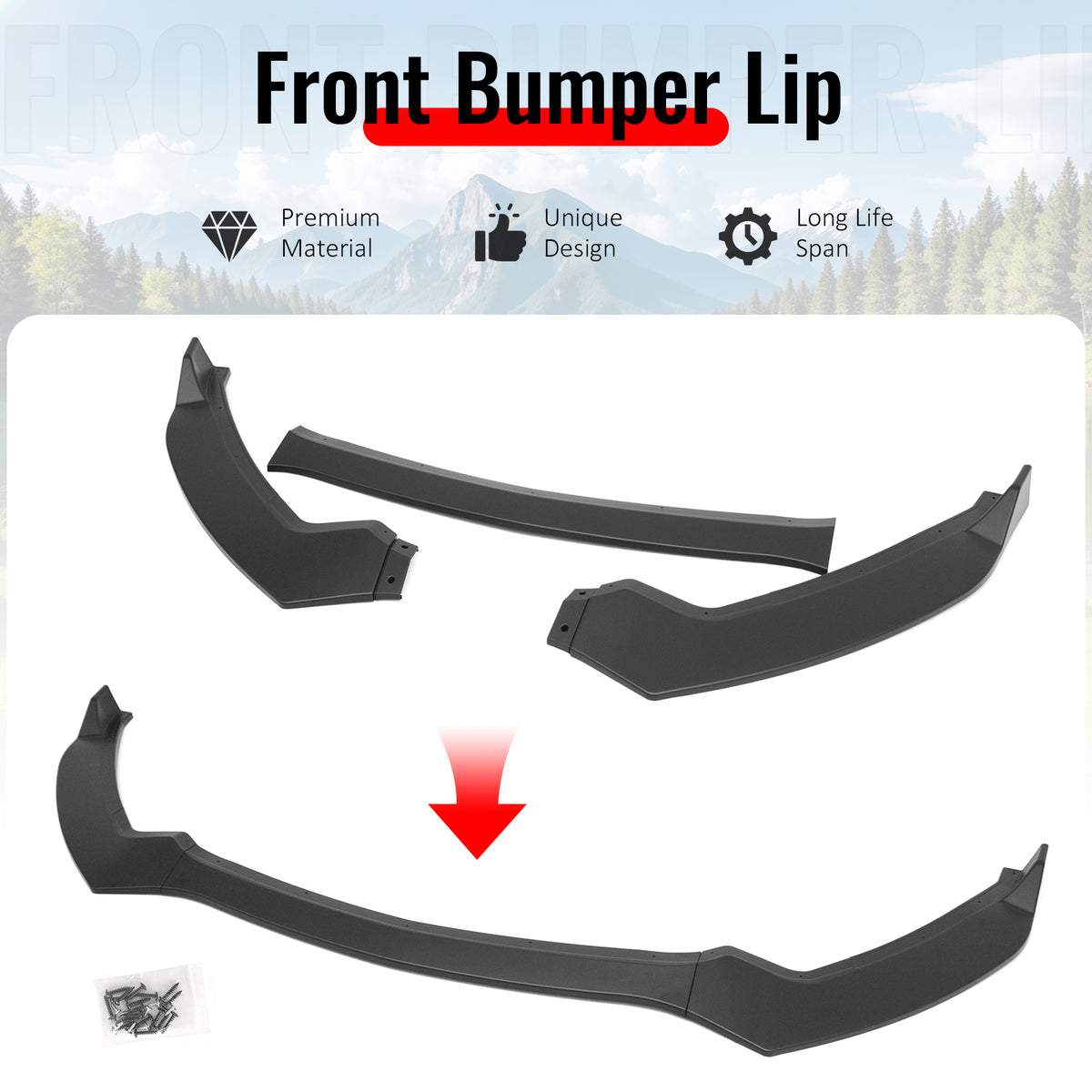 Fits 15-17 Ford Mustang V6/Ecoboost/GT Front Bumper Lip PP Unpainted Black 3PCS