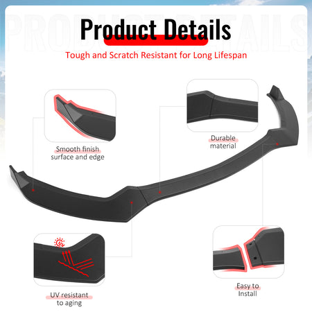 Fits 15-17 Ford Mustang V6/Ecoboost/GT Front Bumper Lip PP Unpainted Black 3PCS