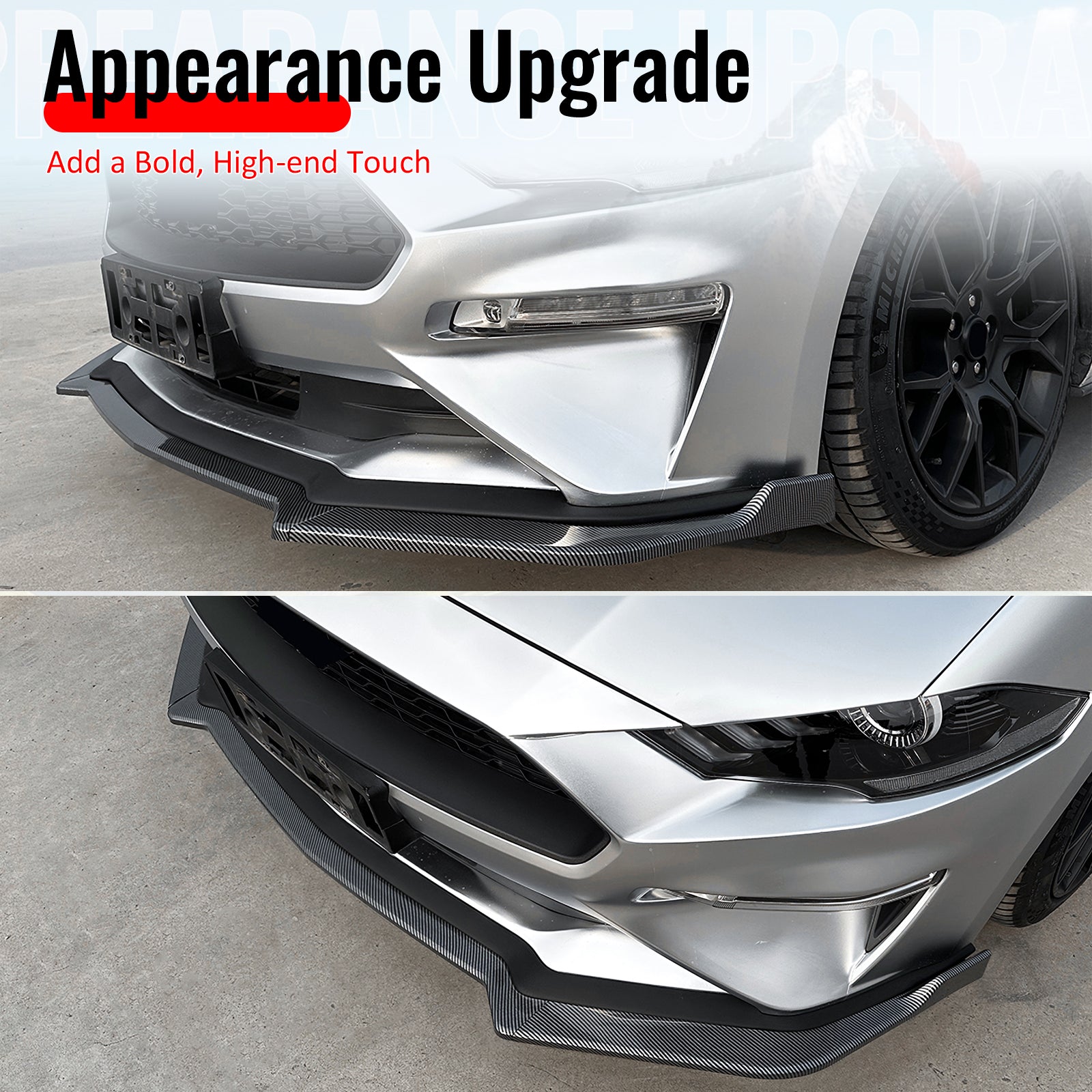 Fits 18-23 Ford Mustang Ecoboost/GT IKON Front Bumper Lip Carbon Fiber Print 3PC
