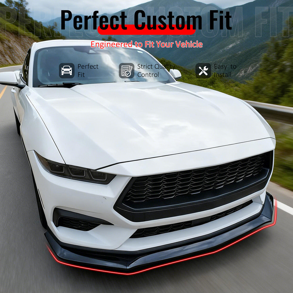 IKON MOTORSPORTS Front Bumper Lip, Compatible with 2024-2026 Ford Mustang Ecoboost & GT, DH Handling Package Style Gloss Black PP Injection Added-on Air Dam Chin Spoiler Protector Splitter 3PCS