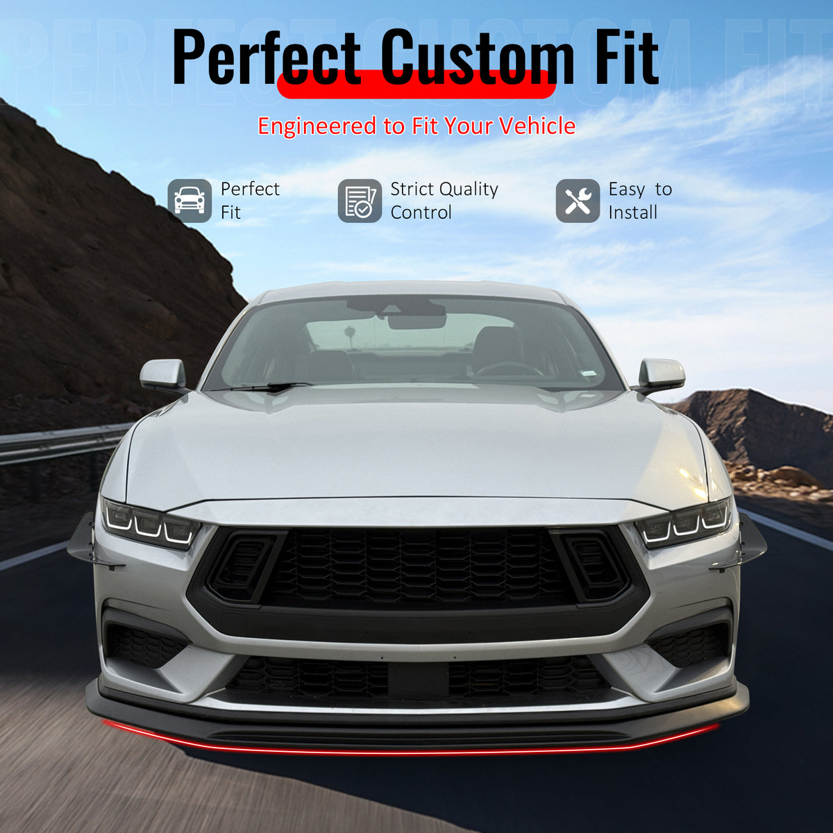 IKON MOTORSPORTS Front Bumper Lip, Compatible with 2024-2026 Ford Mustang Ecoboost & GT, IKON Style Matte Black ABS Air Dam Chin Spoiler Protector Splitter 1PC