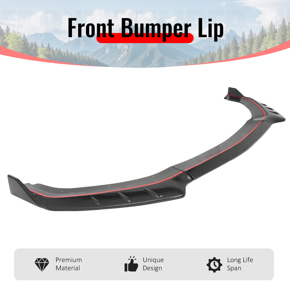 IKON MOTORSPORTS Front Bumper Lip, Compatible with 2024-2026 Ford Mustang EcoBoost/GT/Dark Horse, IKON Style Real Carbon Fiber Add-on Air Dam Front Chin Spoiler Protector Splitter 3PCS