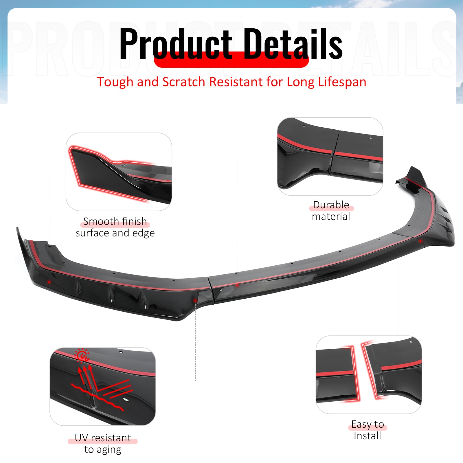 Fits 24-26 Ford Mustang IKON Style Front Bumper Lip Gloss Black Lower Splitter