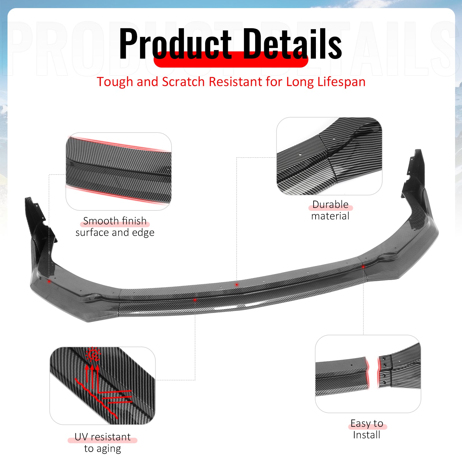 Fits 24-26 Ford Mustang Front Bumper Lip 5PC Spoiler Carbon Fiber Print Splitter