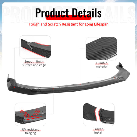 Fits 24-26 Ford Mustang GT Style Front Bumper Lip Carbon Fiber Print ABS 3PC Set