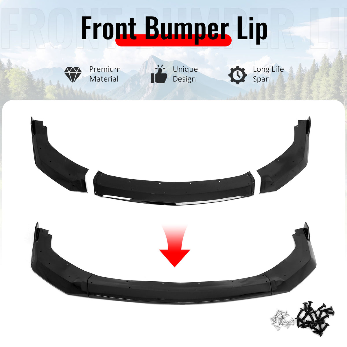 Fits 24-26 Ford Mustang GT Style Front Bumper Lip Spoiler Gloss Black ABS 3PCS
