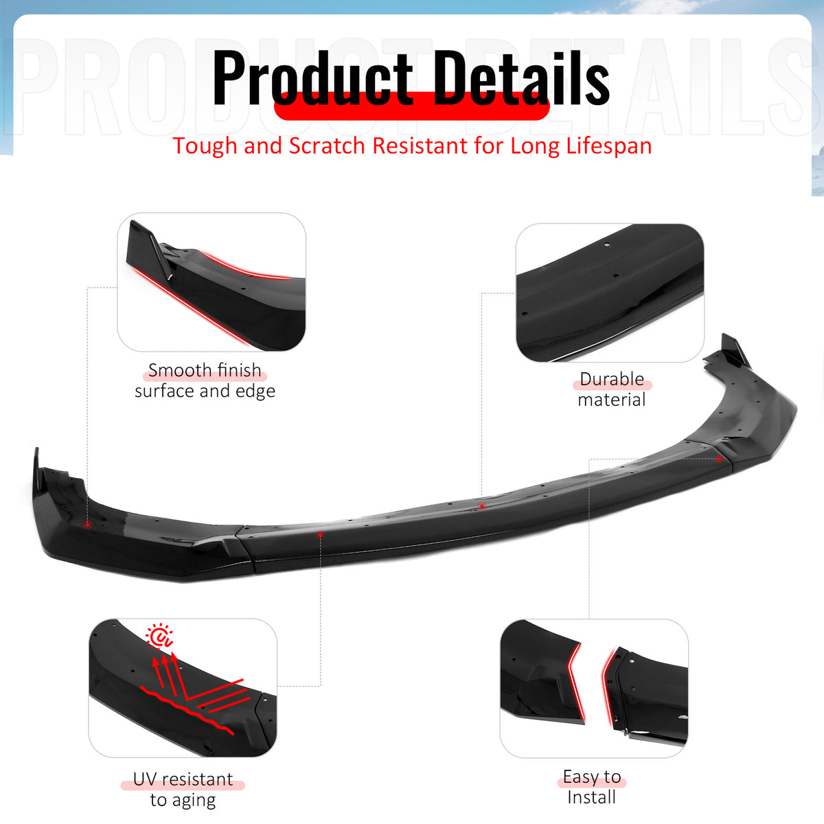 Fits 24-26 Ford Mustang GT Style Front Bumper Lip Spoiler Gloss Black ABS 3PCS