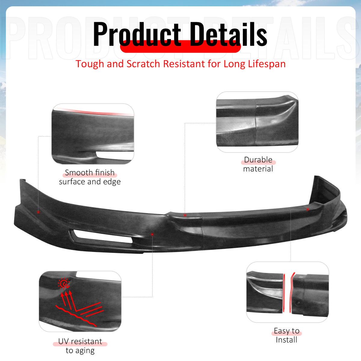 Fits 03-05 Honda Accord Sedan Mugen Style Front Bumper Lip PU Unpainted 3PCS