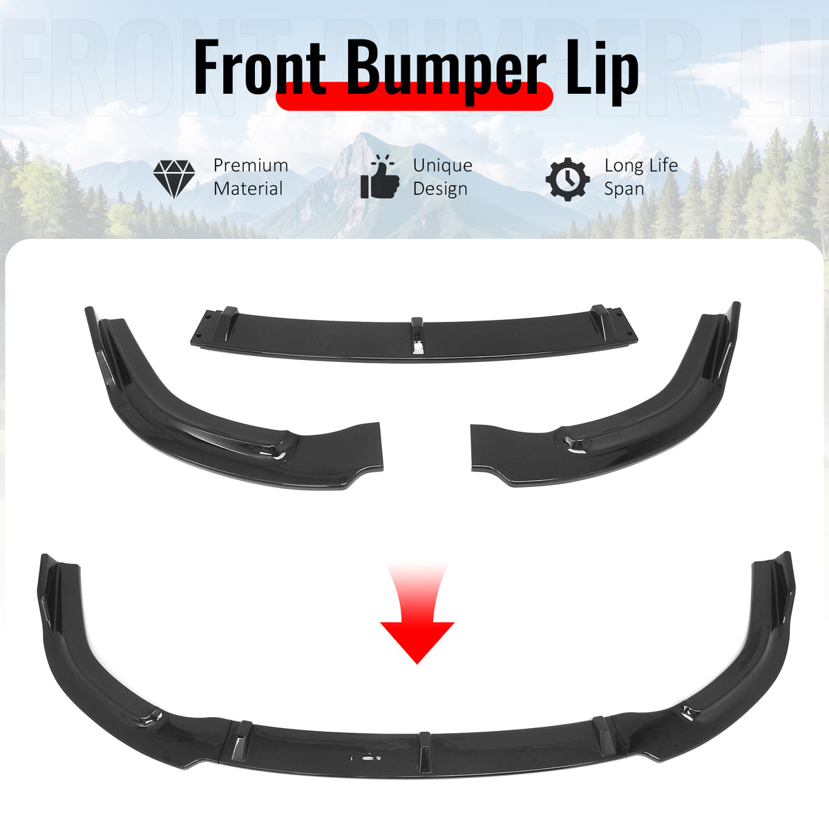 For 06-08 Honda Civic Sedan GT Style Front Bumper Lip Spoiler Gloss Black PP 3PC
