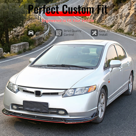IKON MOTORSPORTS Front Bumper Lip, Compatible with 2006-2008 Honda Civic Sedan 4-Door, IKON Style Gloss Black PP Air Dam Chin Spoiler Protector Splitter 3PCS