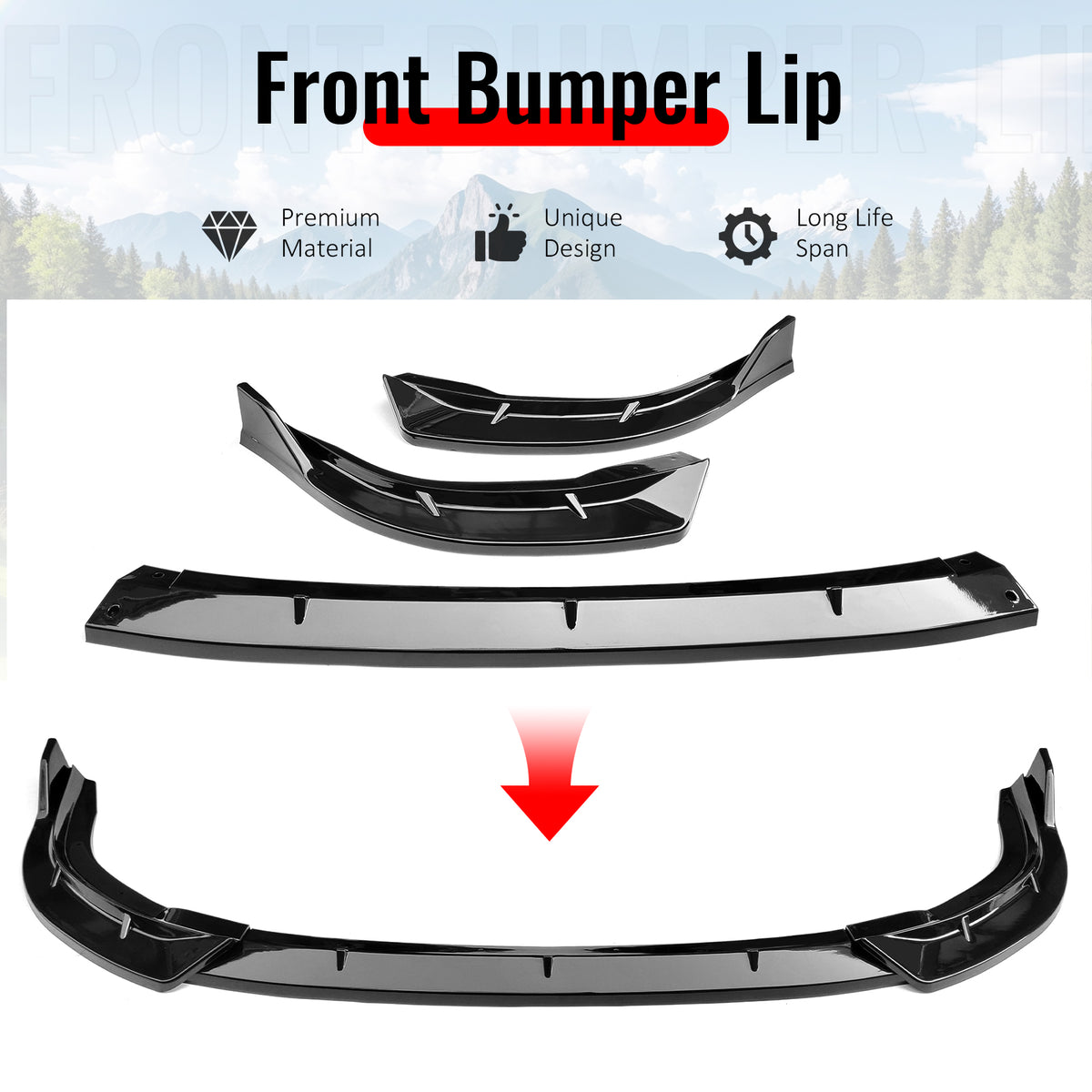 Fits 06-08 Honda Civic Sedan IKON Style Front Bumper Lip Spoiler Gloss Black 3PC