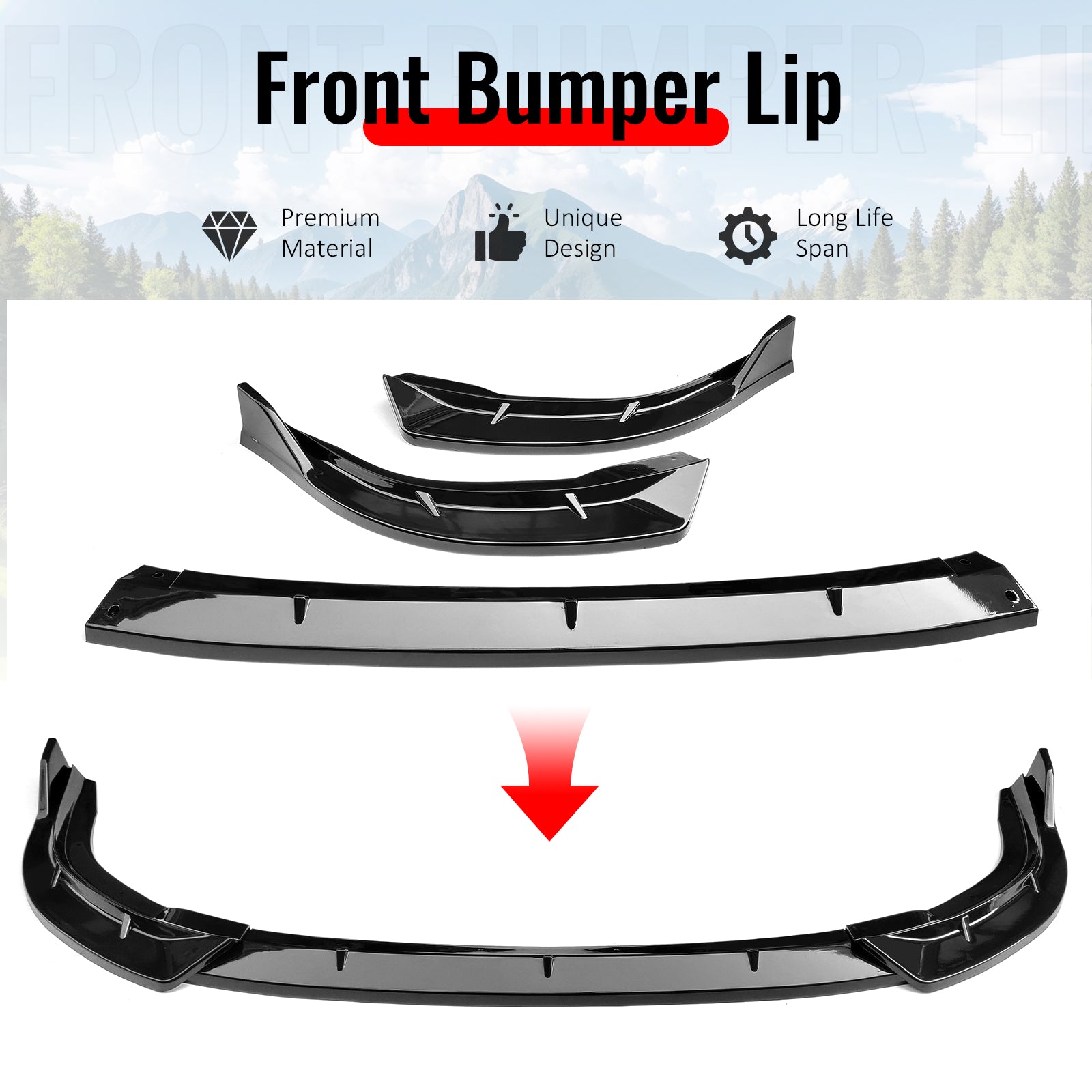 Fits 06-08 Honda Civic Sedan IKON Style Front Bumper Lip Spoiler Gloss Black 3PC