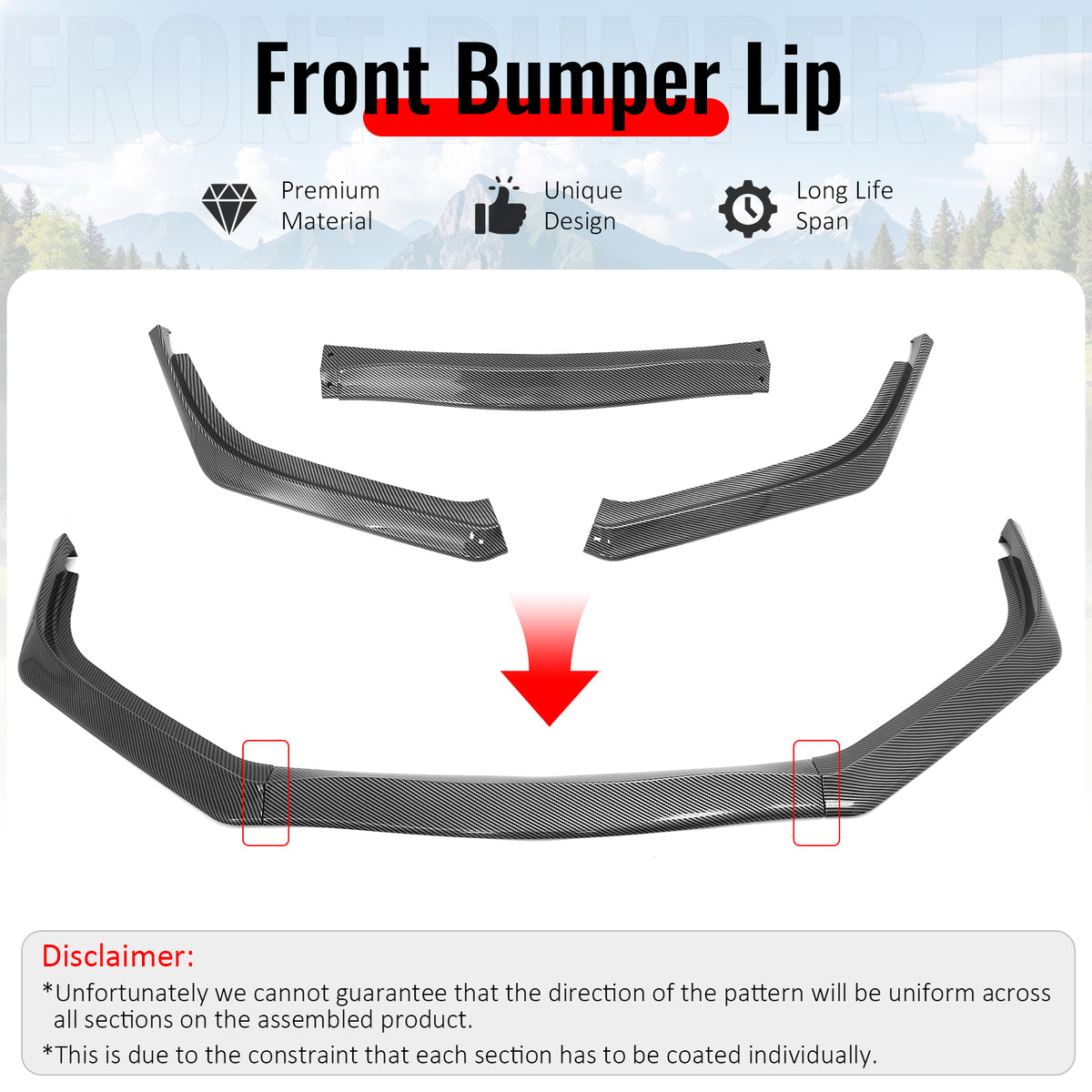 For 13-15 Honda Civic Sedan GT Style Front Bumper Lip Carbon Fiber Print PP 3PCS