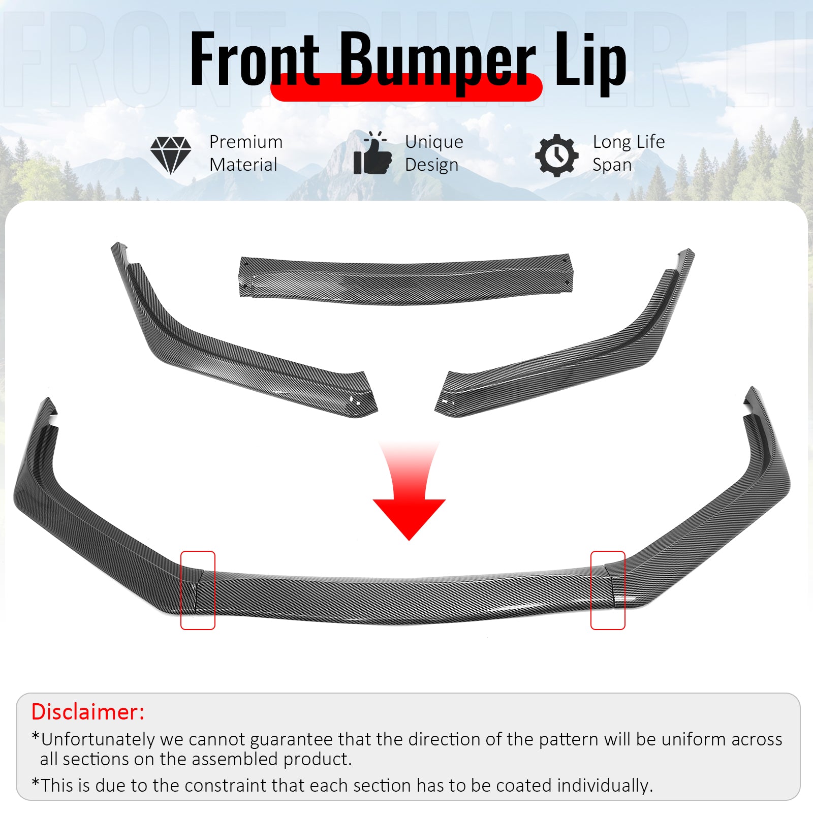 For 13-15 Honda Civic Sedan GT Style Front Bumper Lip Carbon Fiber Print PP 3PCS