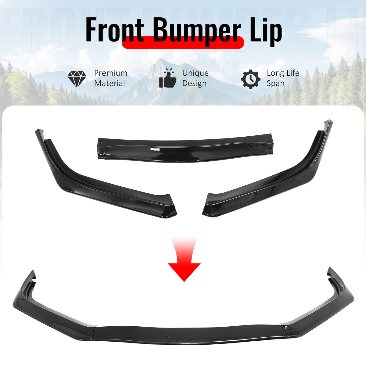 For 13-15 Honda Civic Sedan GT Style Front Bumper Lip Spoiler Gloss Black PP 3PC