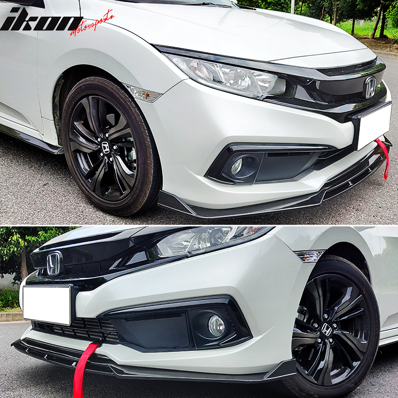 IKON MOTORSPORTS, Front Bumper Lip Compatible With 2019-2021 Honda Civic, 2PC V3 Style Front Lip Chin Spoiler
