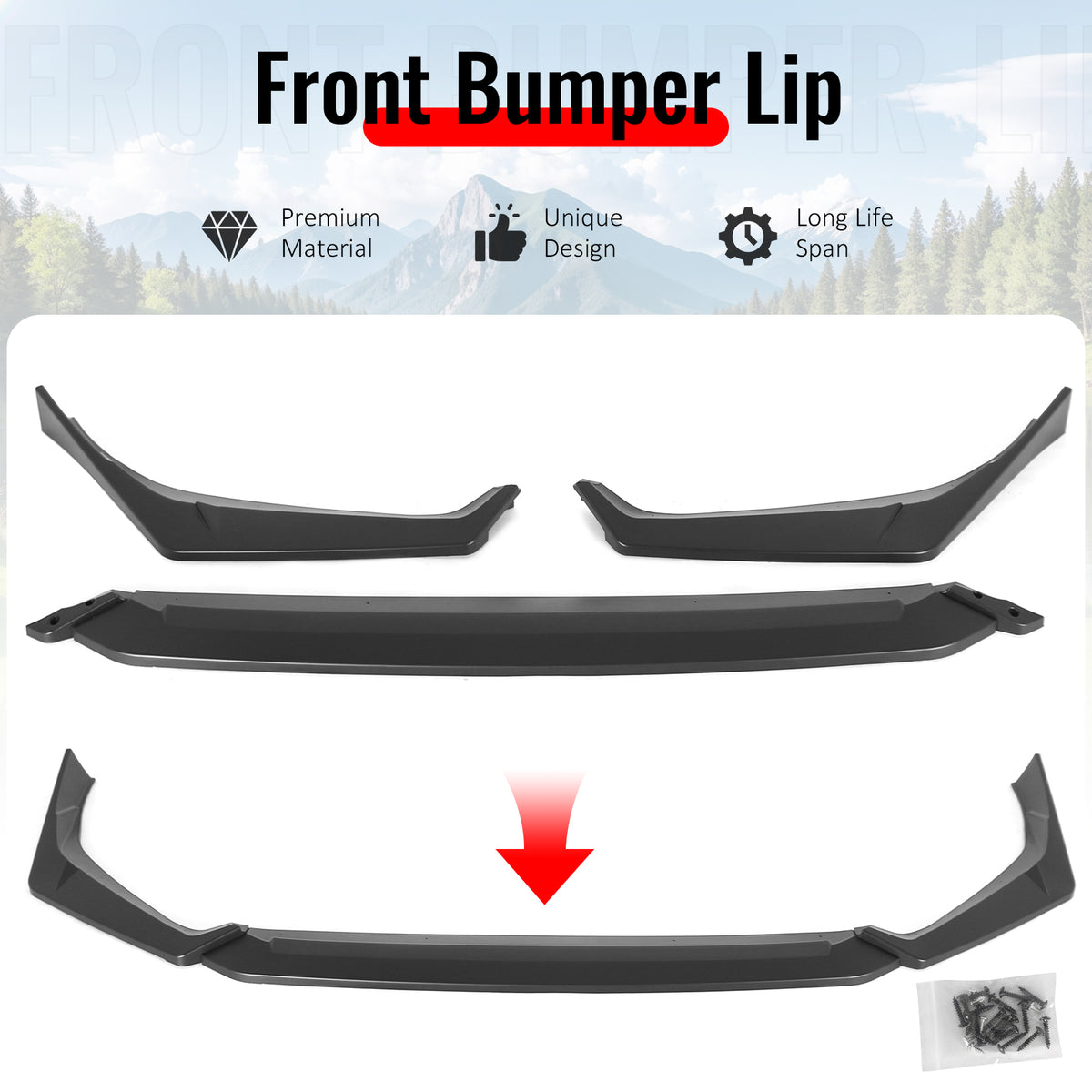 Fits 25-26 Honda Civic IKON Style Front Bumper Lip Chin PP Unpainted Black 3PCS