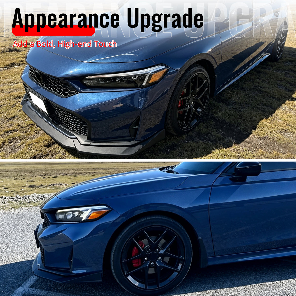 Fits 25-26 Honda Civic IKON Style Front Bumper Lip Chin PP Unpainted Black 3PCS