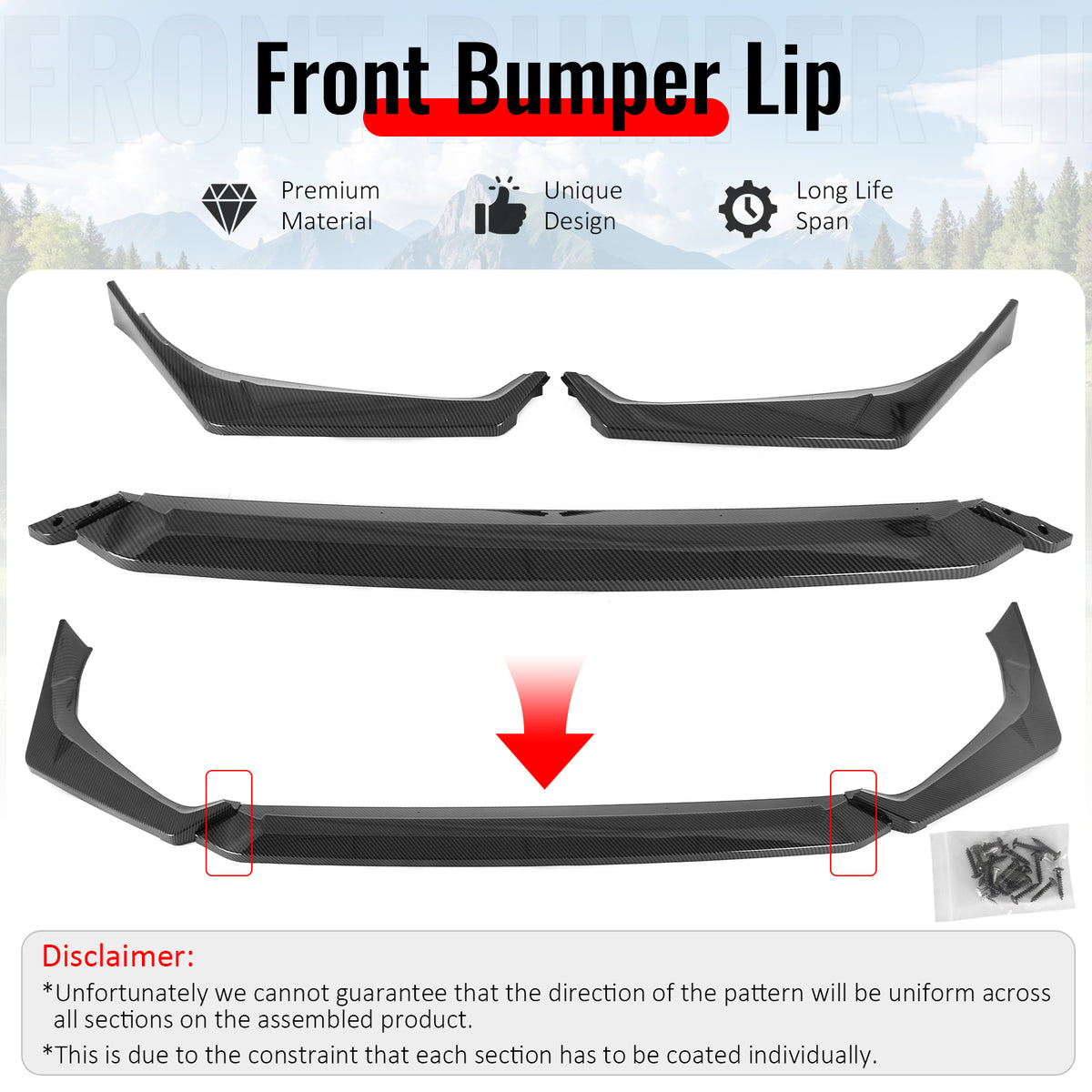 Fits 25-26 Honda Civic IKON Style Front Bumper Lip PP Carbon Fiber Print 3PCS
