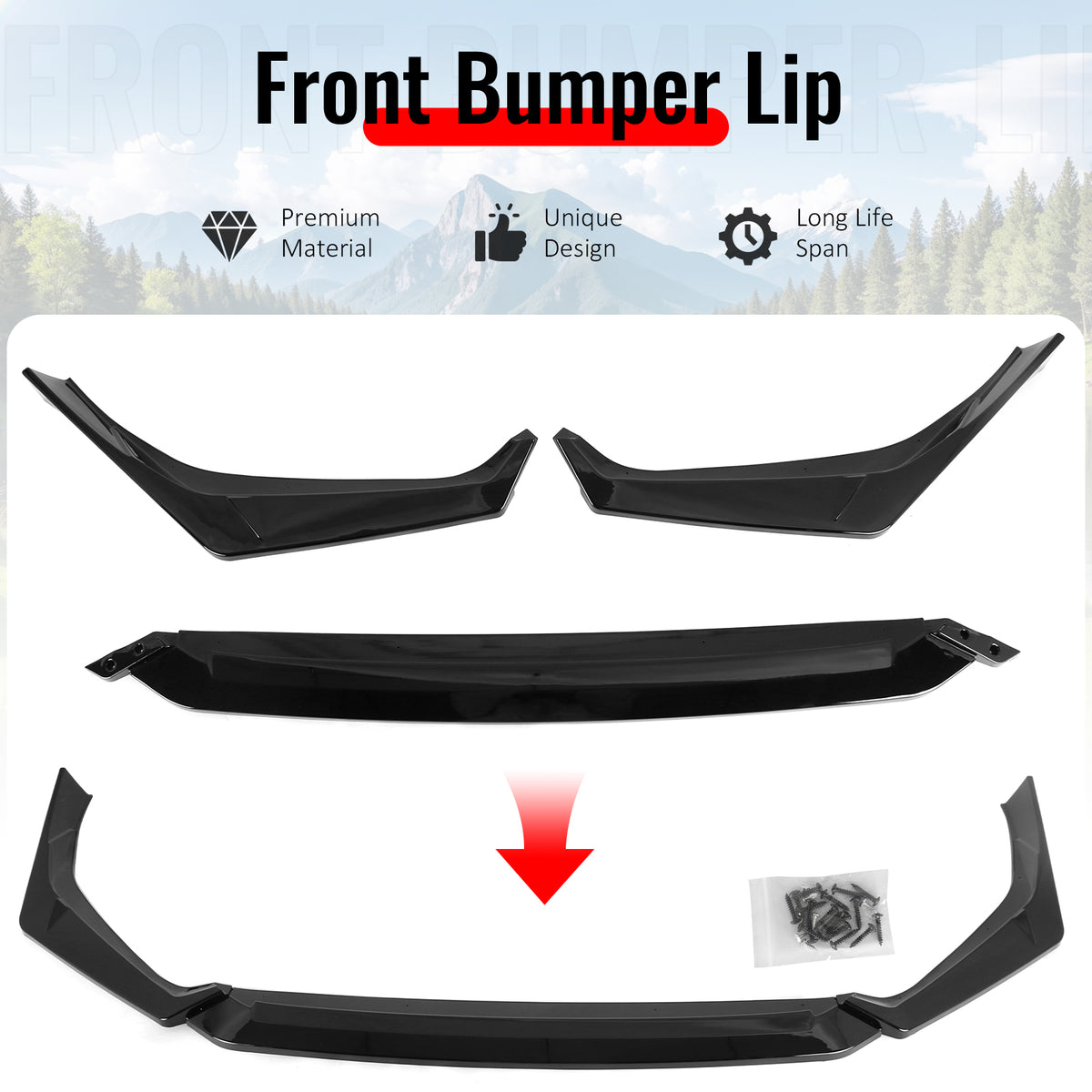 Fits 25-26 Honda Civic IKON Style Front Bumper Lip Spoiler PP Gloss Black 3PCS