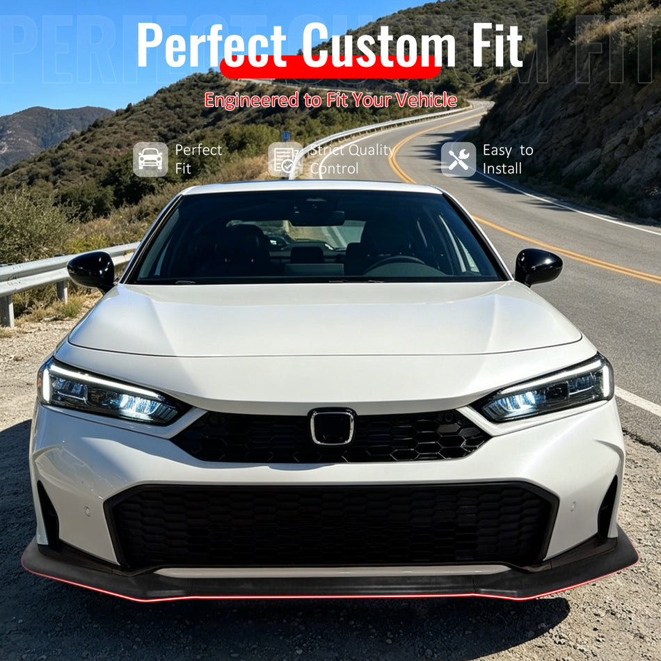 IKON MOTORSPORTS Front Bumper Lip, Compatible with 2025-2026 Honda Civic Sedan& Hatchback, GT Style Unpainted Black PU Air Dam Chin Spoiler Protector Splitter 3PCS