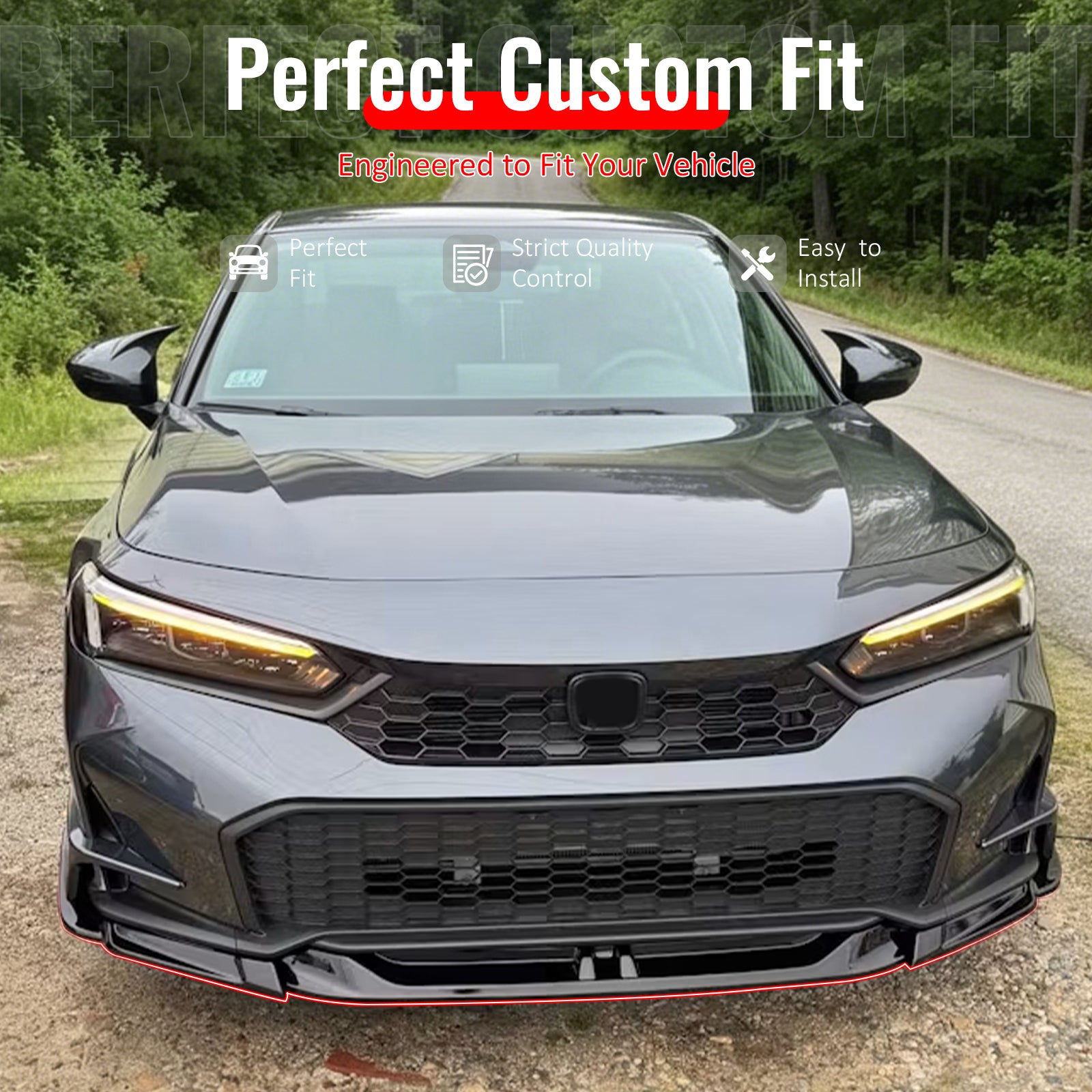 IKON MOTORSPORTS Front Bumper Lip, Compatible with 2025-2026 Honda Civic Sedan & Hatchack, SWA Style Gloss Black ABS Air Dam Chin Spoiler Protector Splitter 5PCS