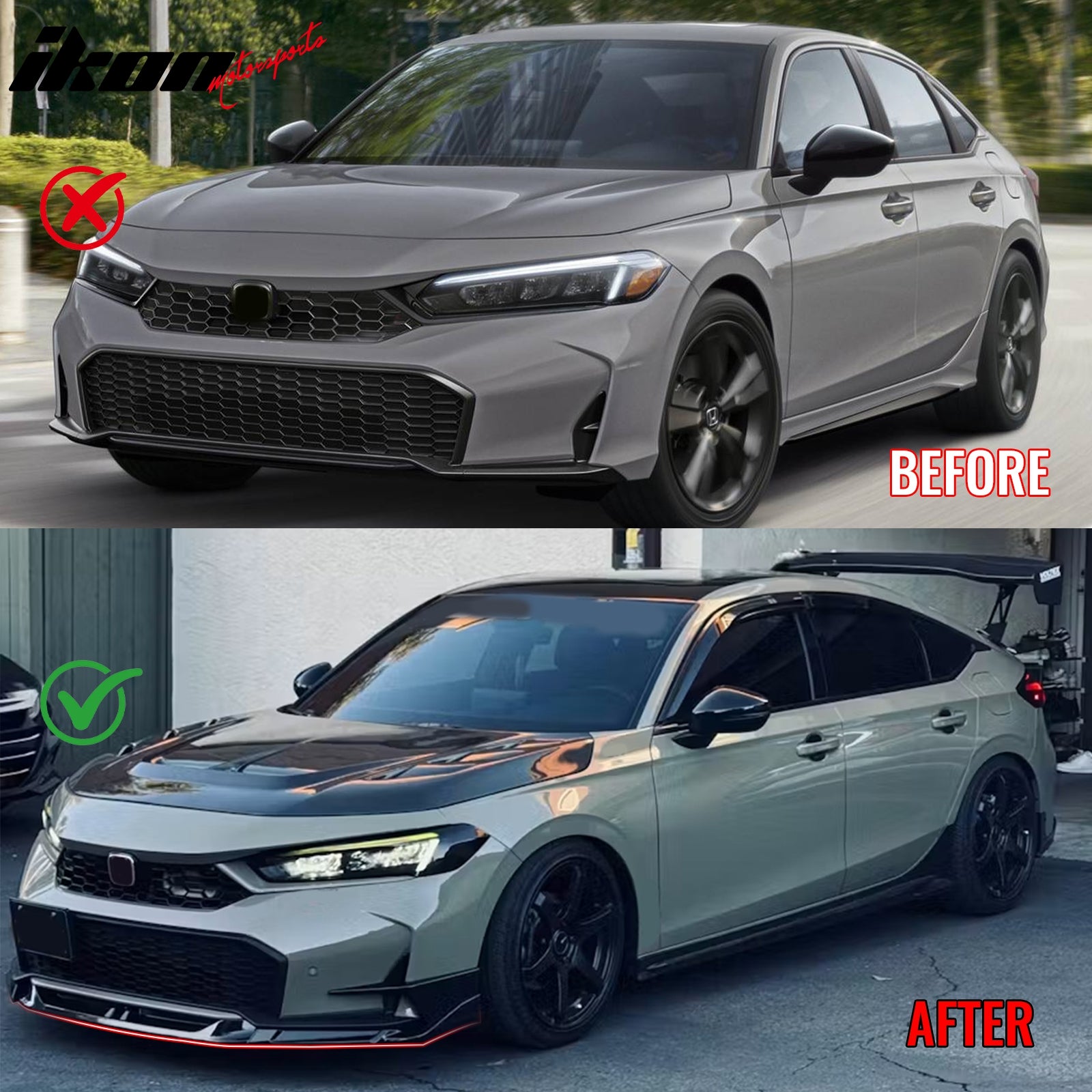 Fits 25-26 Honda Civic SWA Style Front Bumper Lip Spoiler Gloss Black ABS 5PCS