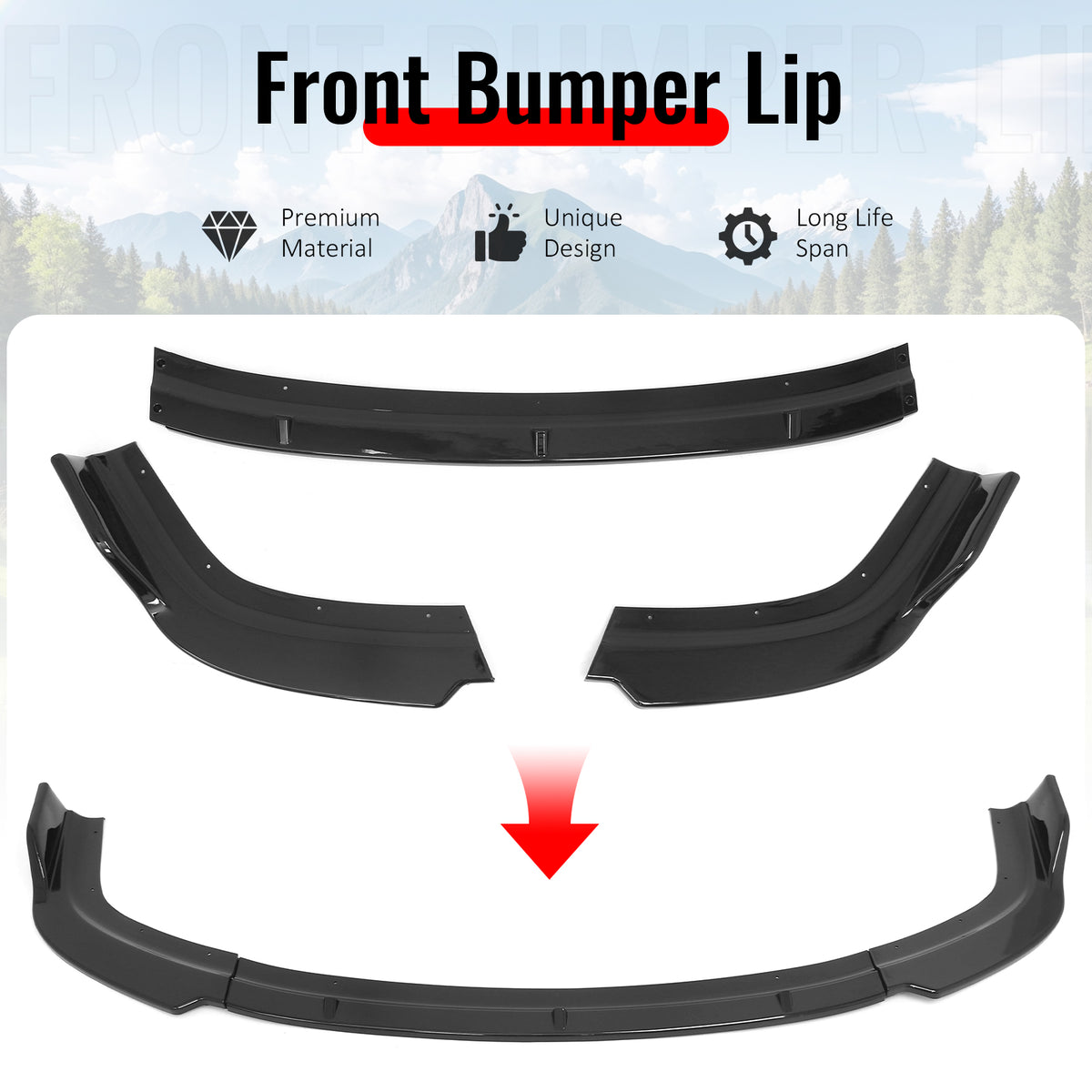 Fits 96-98 Honda Civic IKON Style Front Bumper Lip Spoiler Gloss Black PP 3PCS