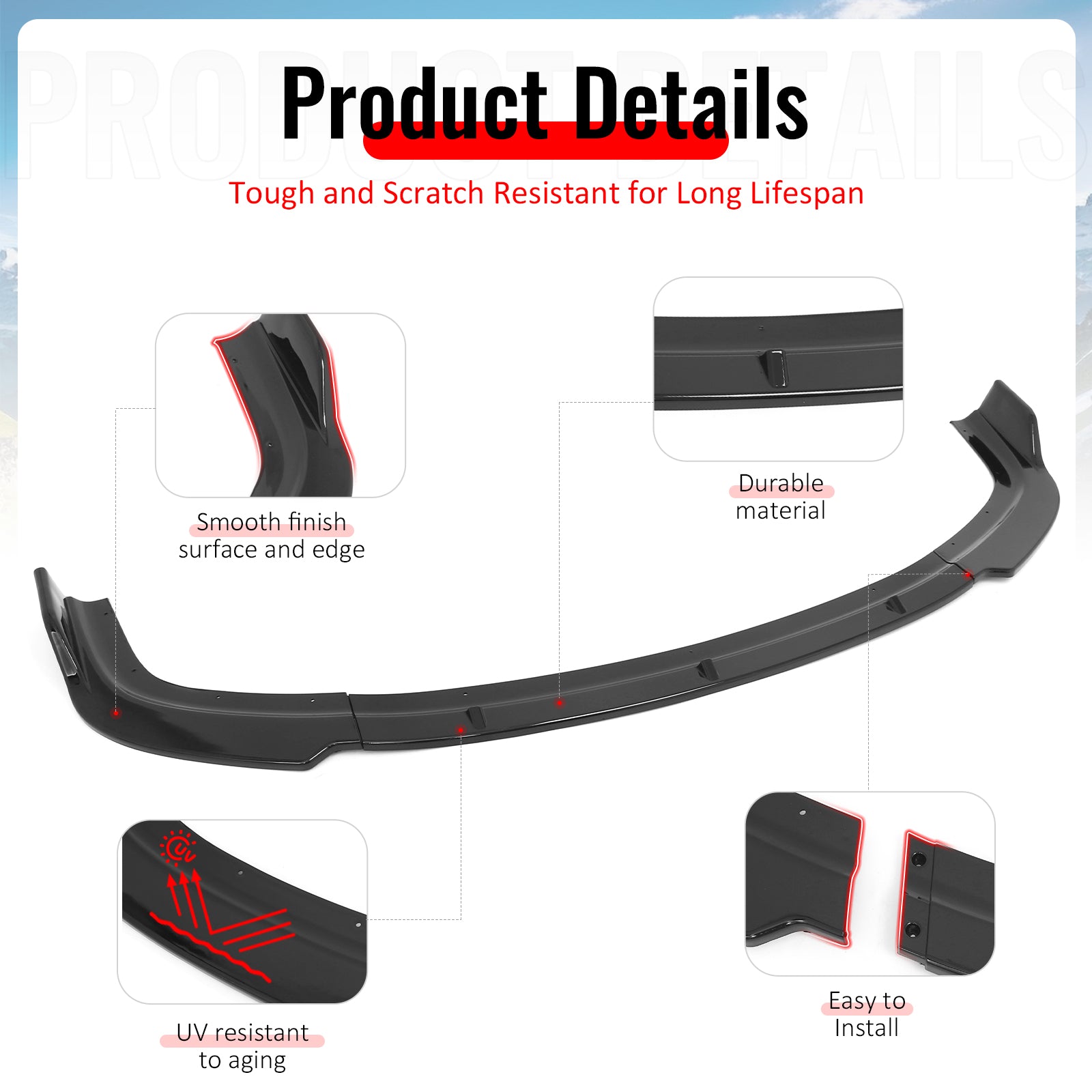 Fits 96-98 Honda Civic IKON Style Front Bumper Lip Spoiler Gloss Black PP 3PCS