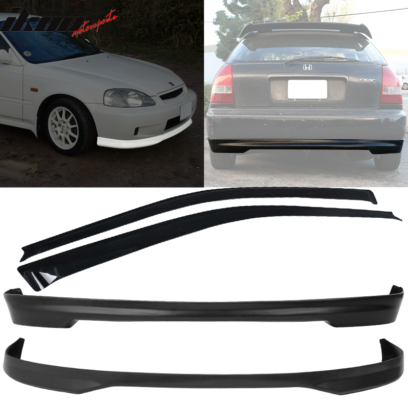 Fits 96-98 Honda Civic 3Dr T-R Front + Rear Bumper Lip + Window Visors